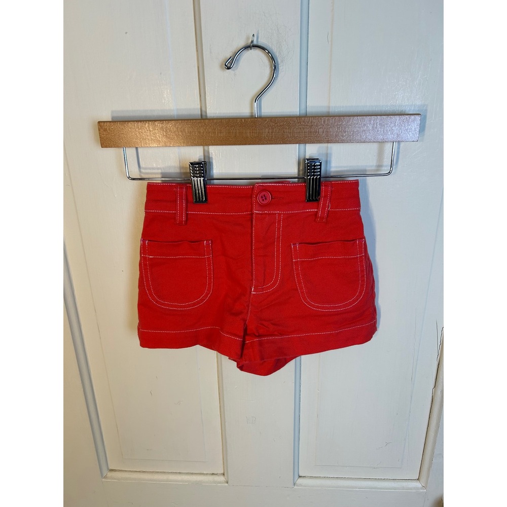 Mini Boden Girls Red Twill Shorts White Contrast Stitching Size 4-5Y G5331